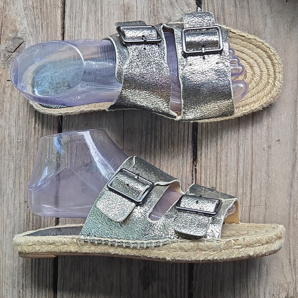 Splendid Blake Metallic Crackled Silver Slide On Espadrille Sandal Size 9